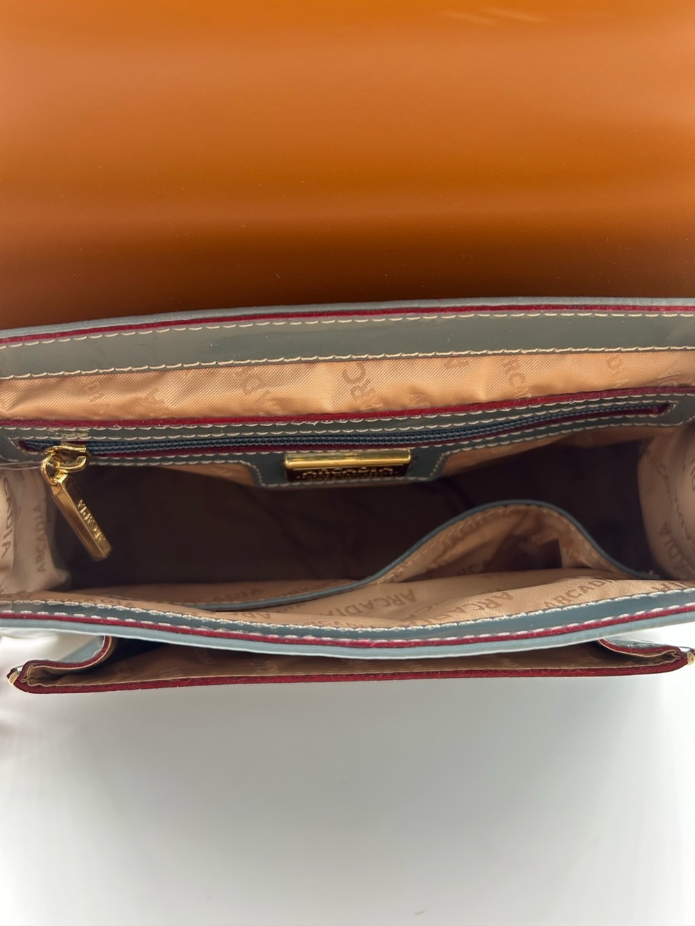 Arcadia Patent Leather Crossbody Bag Blue Tan Made in Italy New With Tag - Picture 13 of 15